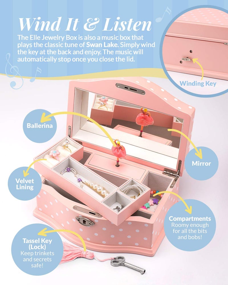 Art Lins Elle Jewelry Box - Ballerina Jewelry Organizer and Swan Lake Wind-Up Music Box for Girls and Teens, Accessories and Keepsake Wooden Storage with Lock and Mirror, Charming Room Decor and Gift, Large - Image 3